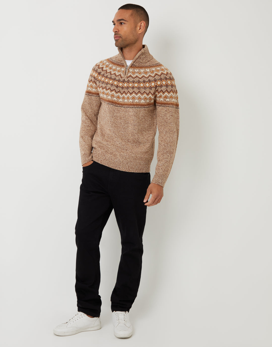 Taupe Fairisle Knitted Quarter Zip Jumper