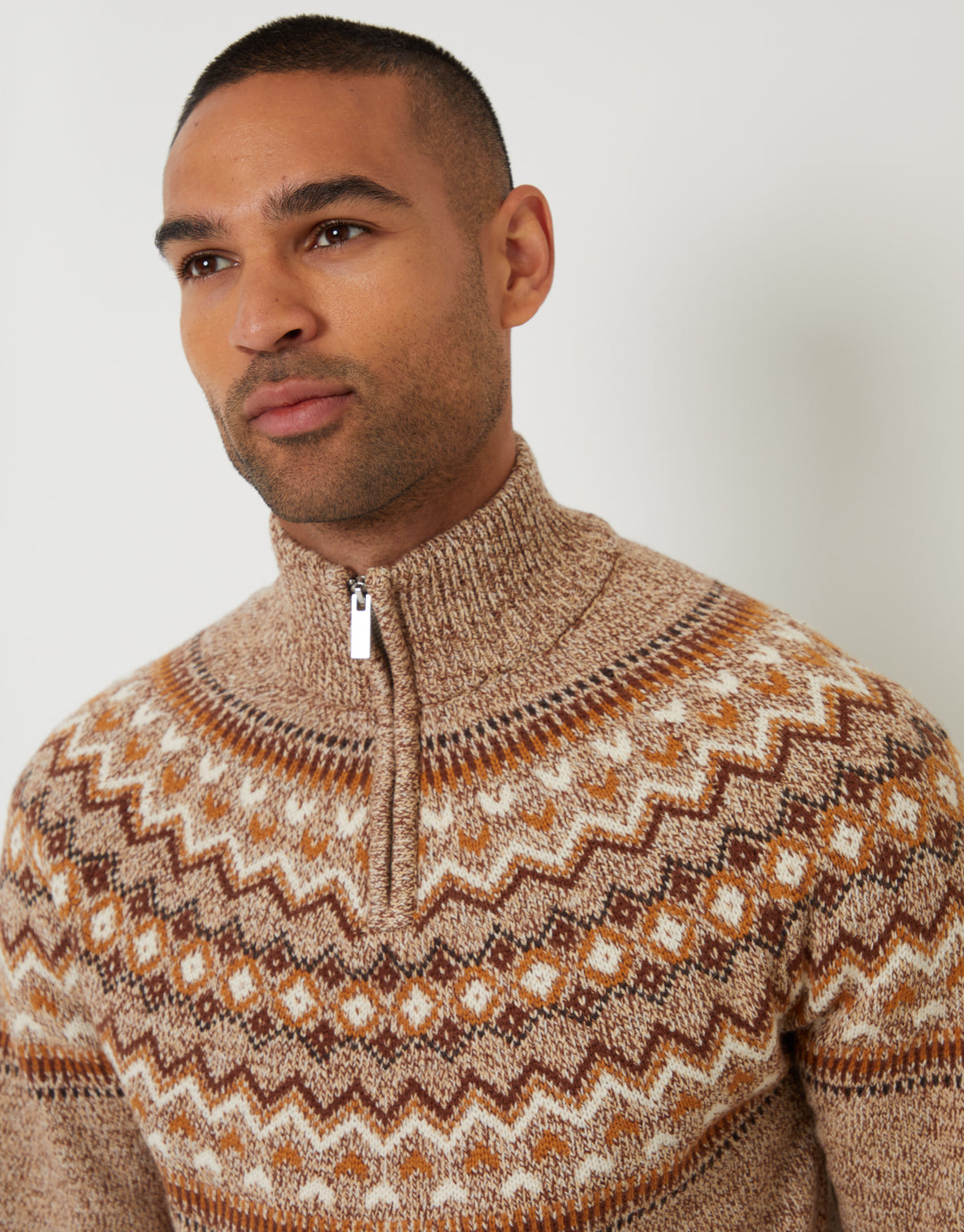 Taupe Fairisle Knitted Quarter Zip Jumper