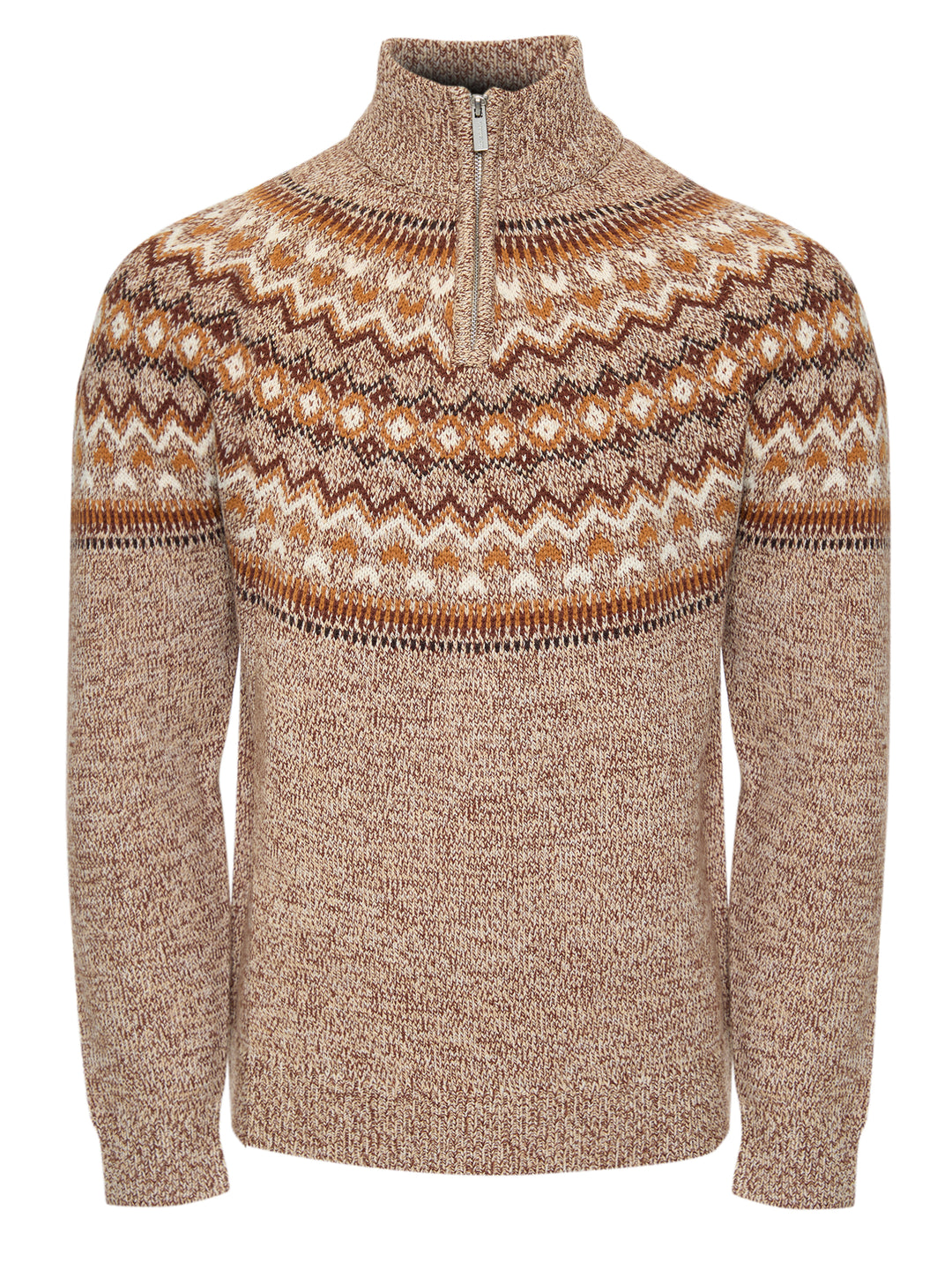 Taupe Fairisle Knitted Quarter Zip Jumper