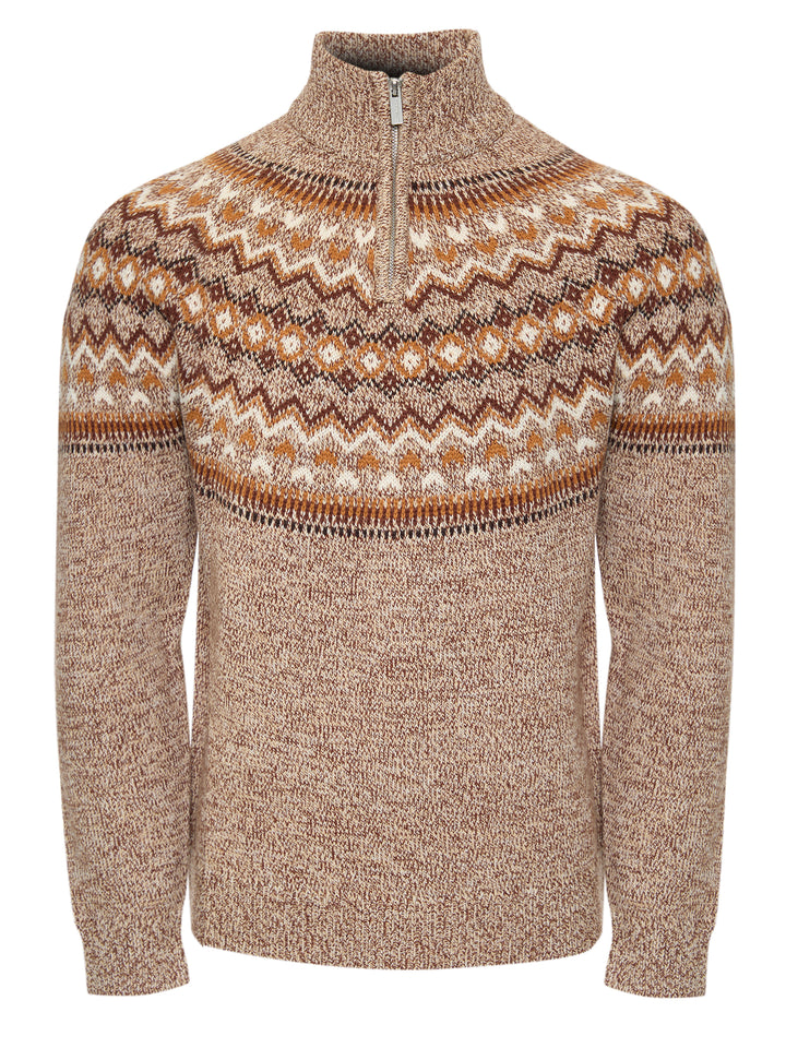 Taupe Fairisle Knitted Quarter Zip Jumper