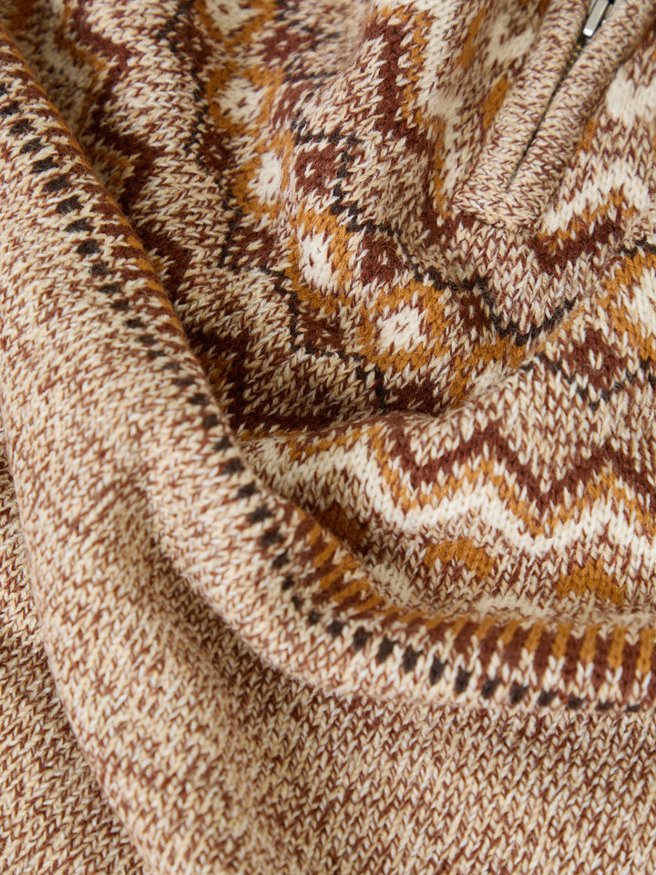 Taupe Fairisle Knitted Quarter Zip Jumper
