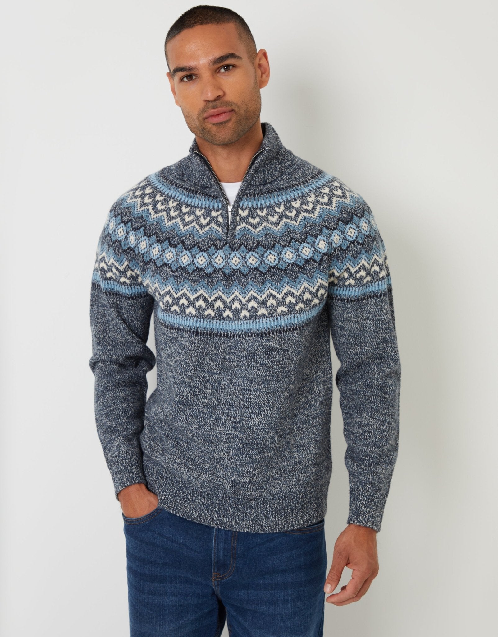 Threadbare Men's Fairisle Knitted Quarter Zip Jumper in Navy