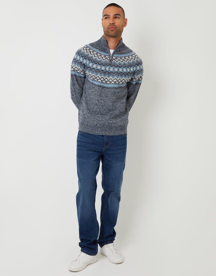 Navy Fairisle Knitted Quarter Zip Jumper
