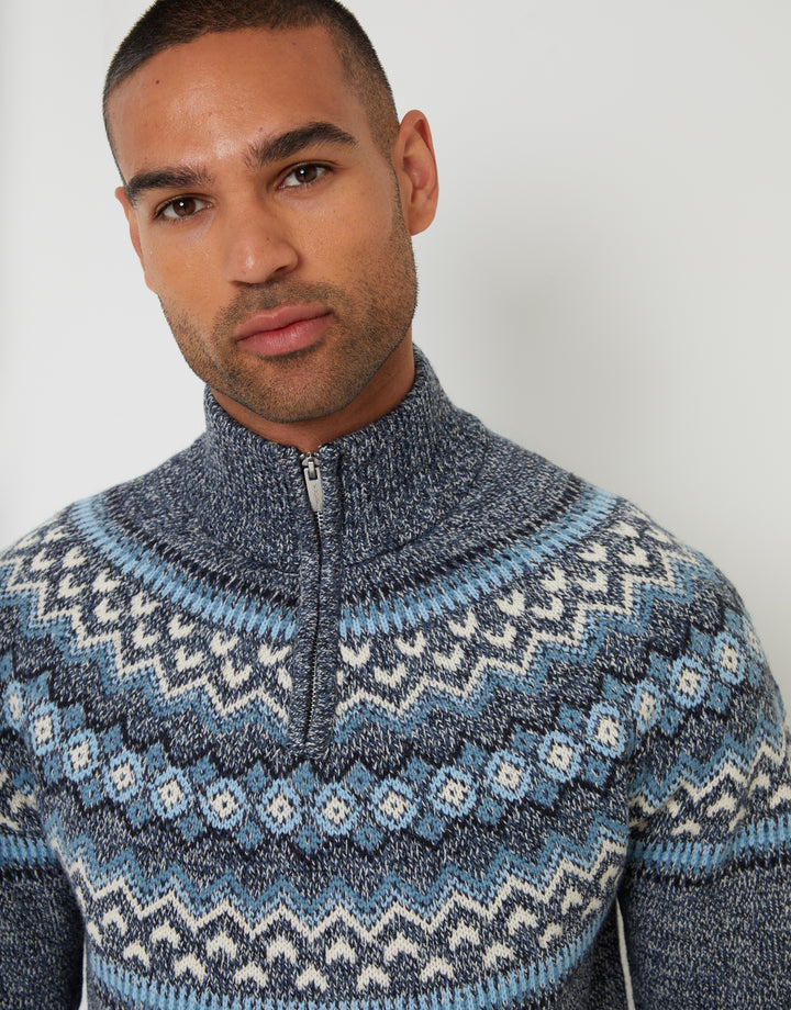 Navy Fairisle Knitted Quarter Zip Jumper
