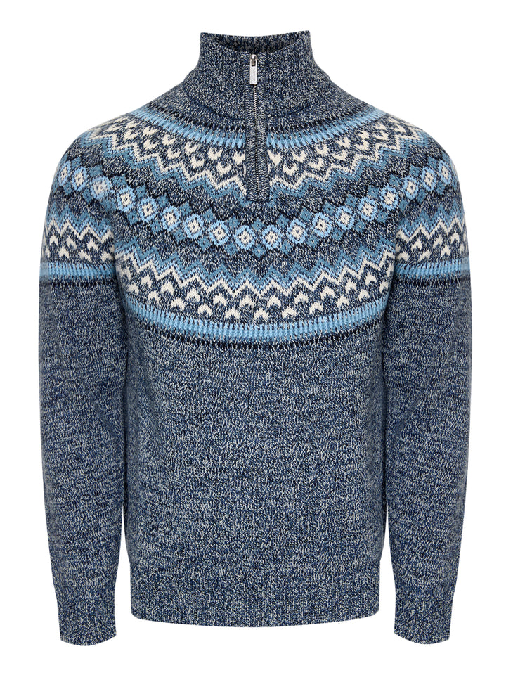 Navy Fairisle Knitted Quarter Zip Jumper