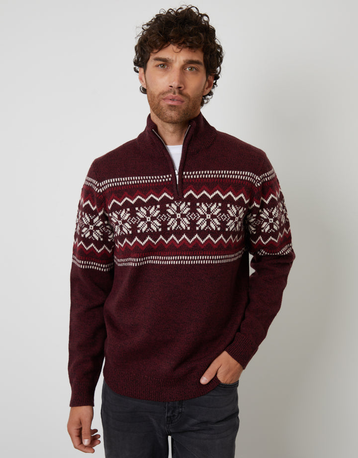 Burgundy Twist Fairisle Knitted Quarter Zip Jumper