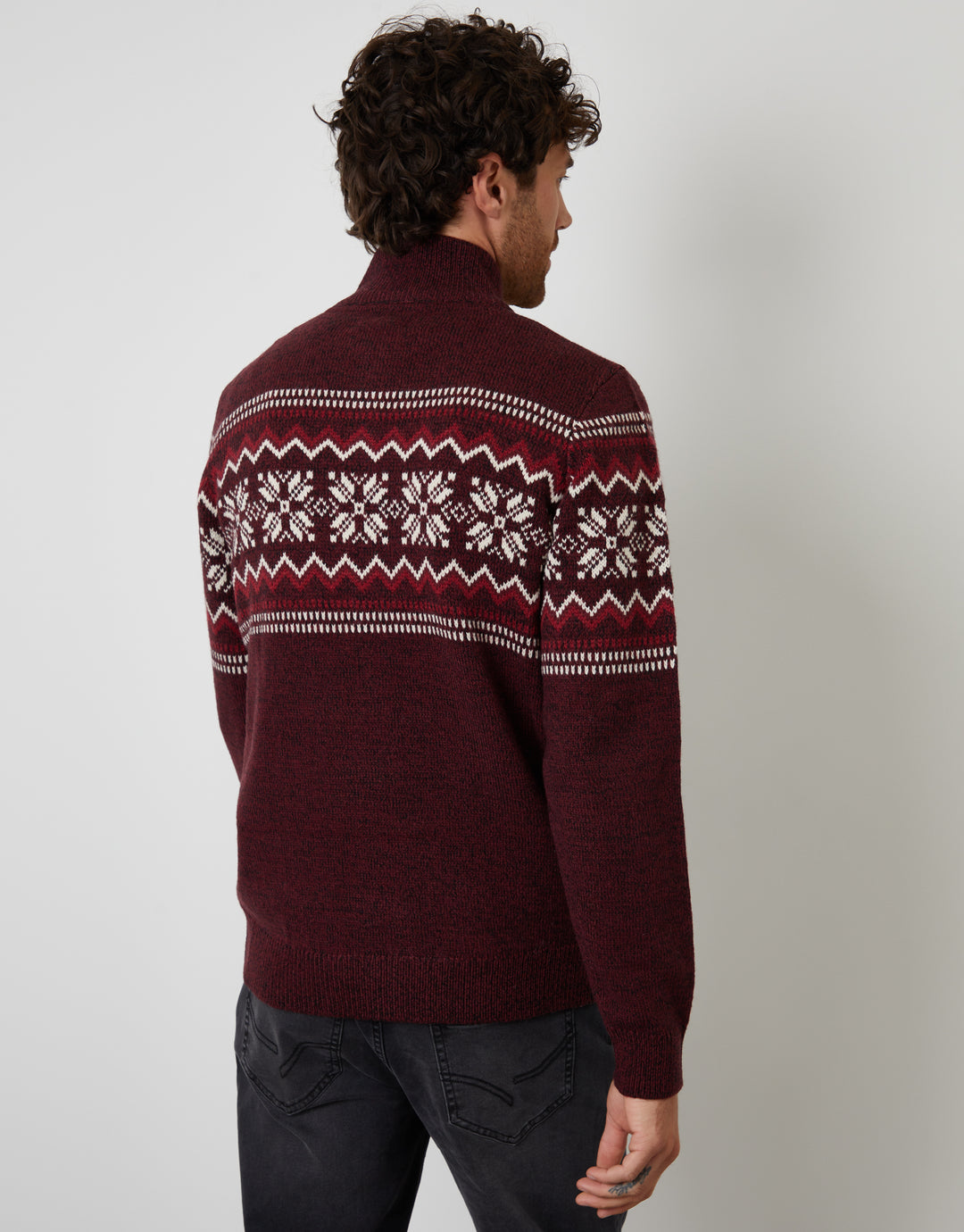 Burgundy Twist Fairisle Knitted Quarter Zip Jumper