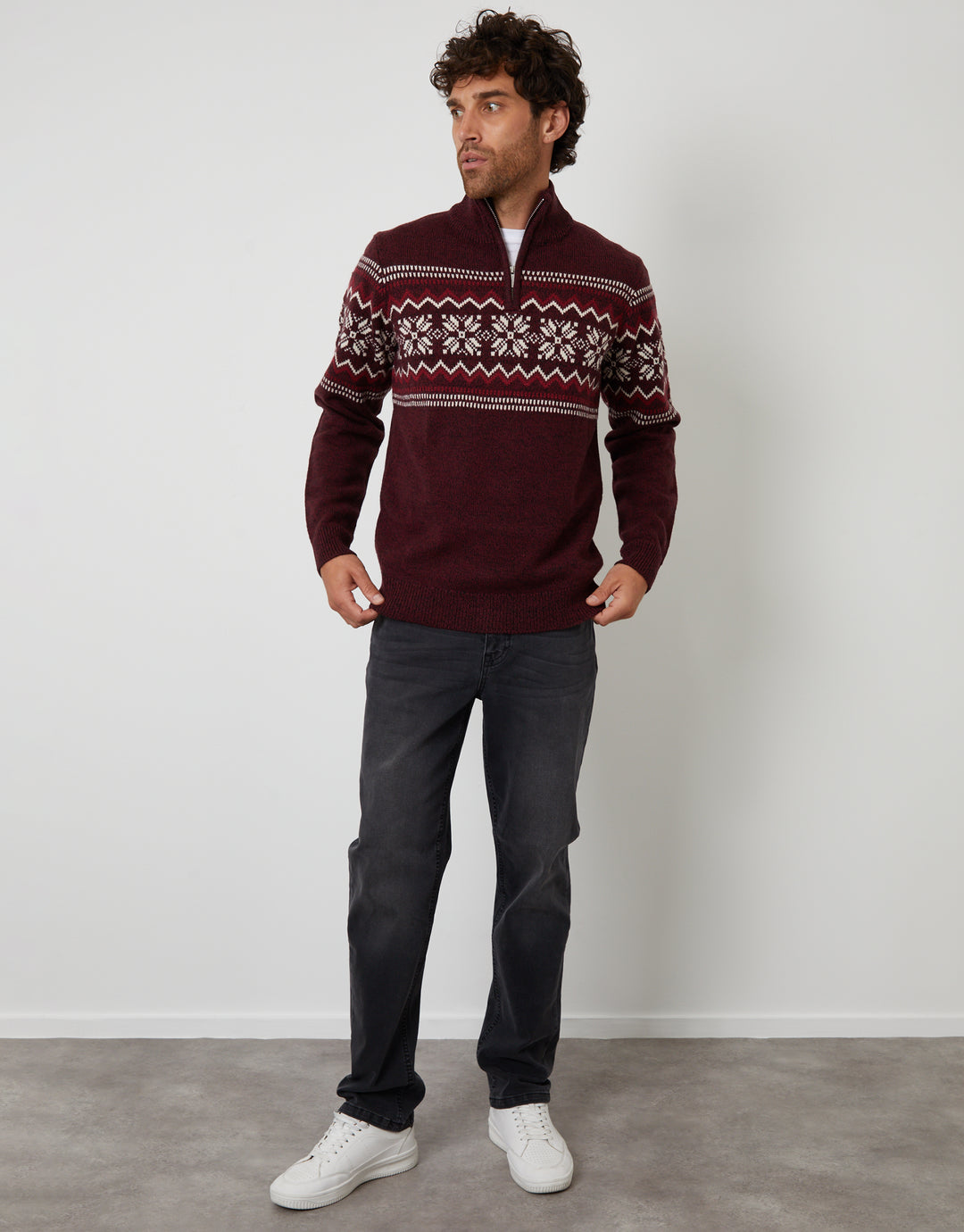 Burgundy Twist Fairisle Knitted Quarter Zip Jumper