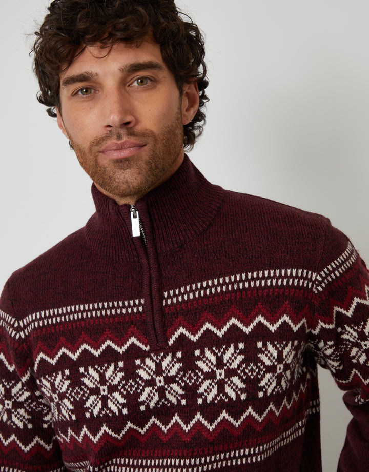 Burgundy Twist Fairisle Knitted Quarter Zip Jumper
