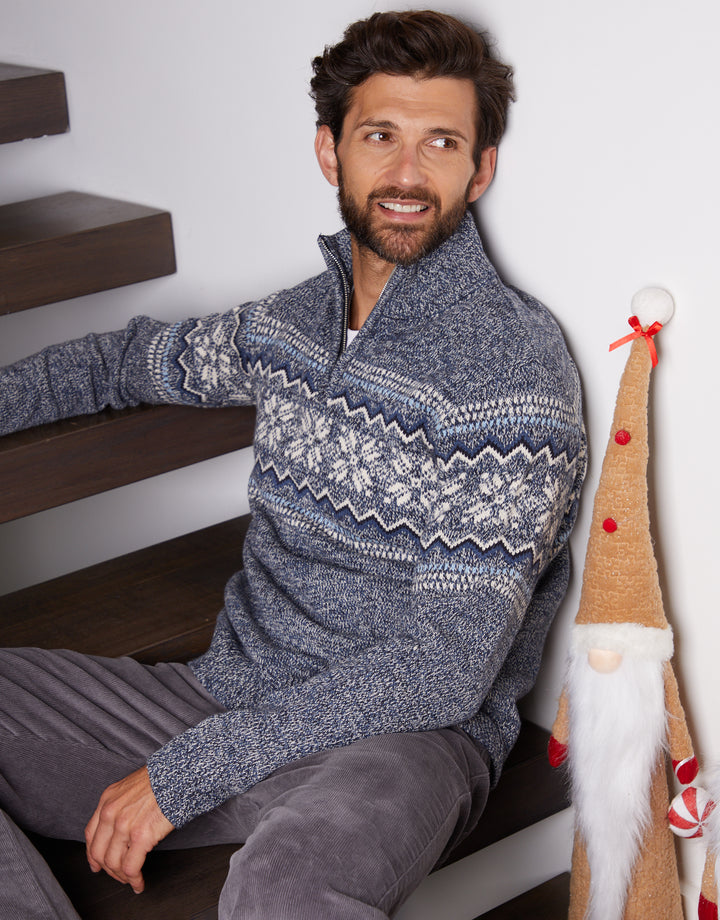 Navy Twist Fairisle Knitted Quarter Zip Jumper