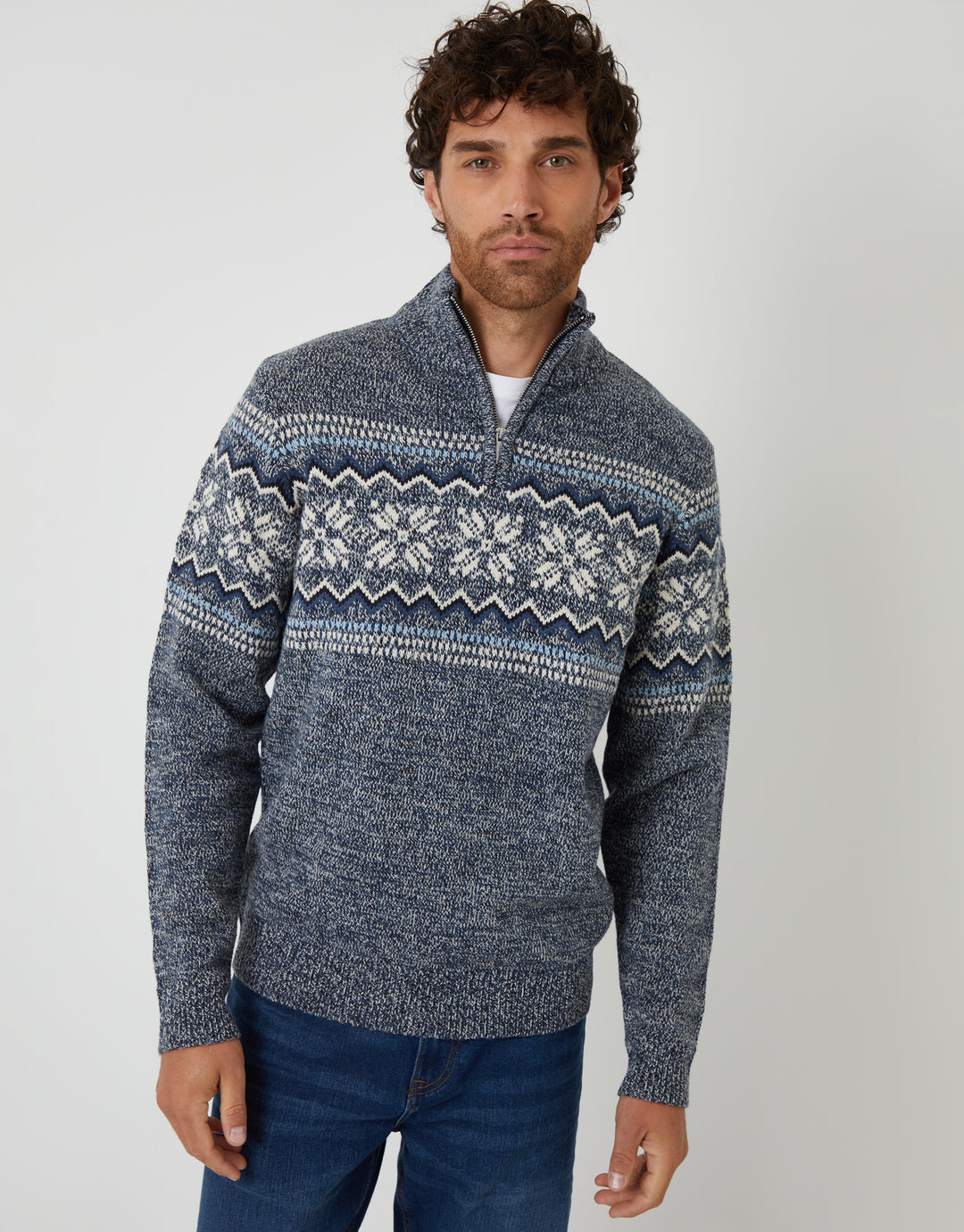 Navy Twist Fairisle Knitted Quarter Zip Jumper