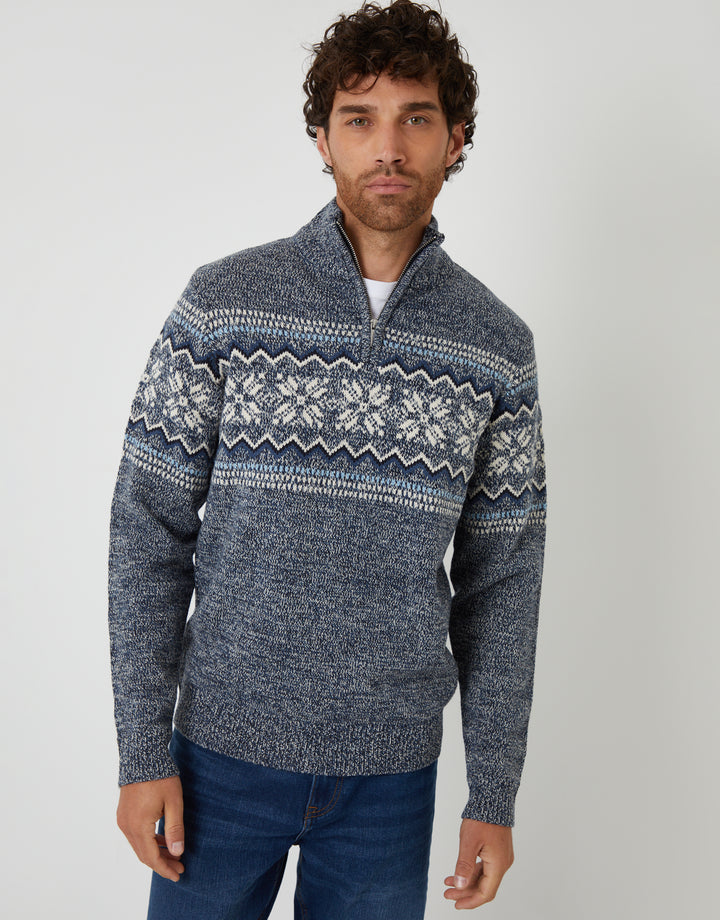 Navy Twist Fairisle Knitted Quarter Zip Jumper
