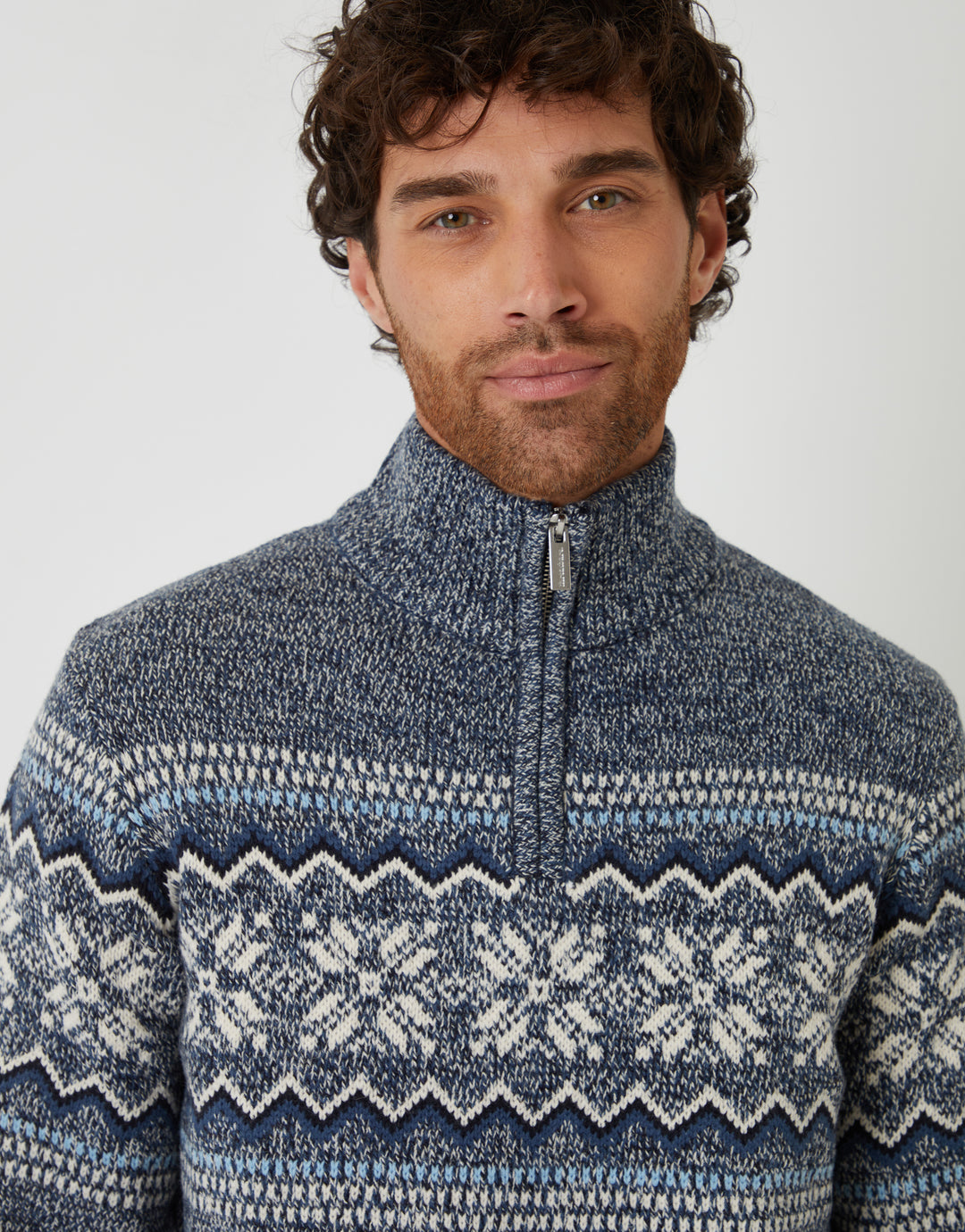 Navy Twist Fairisle Knitted Quarter Zip Jumper
