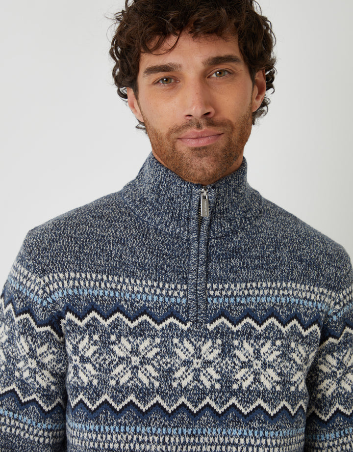 Navy Twist Fairisle Knitted Quarter Zip Jumper
