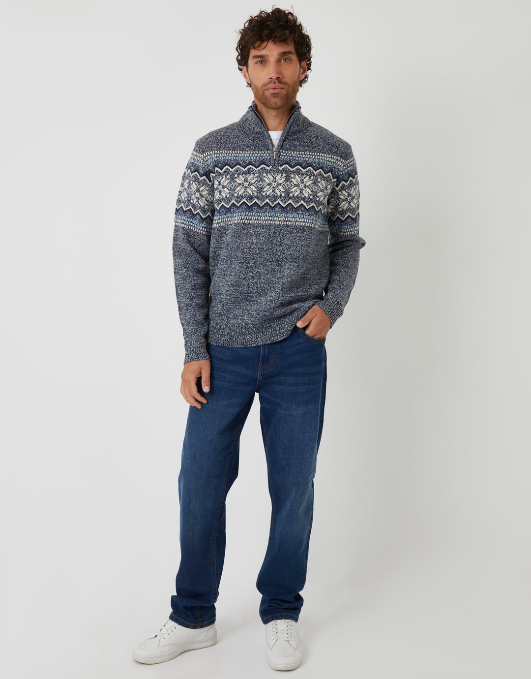 Navy Twist Fairisle Knitted Quarter Zip Jumper
