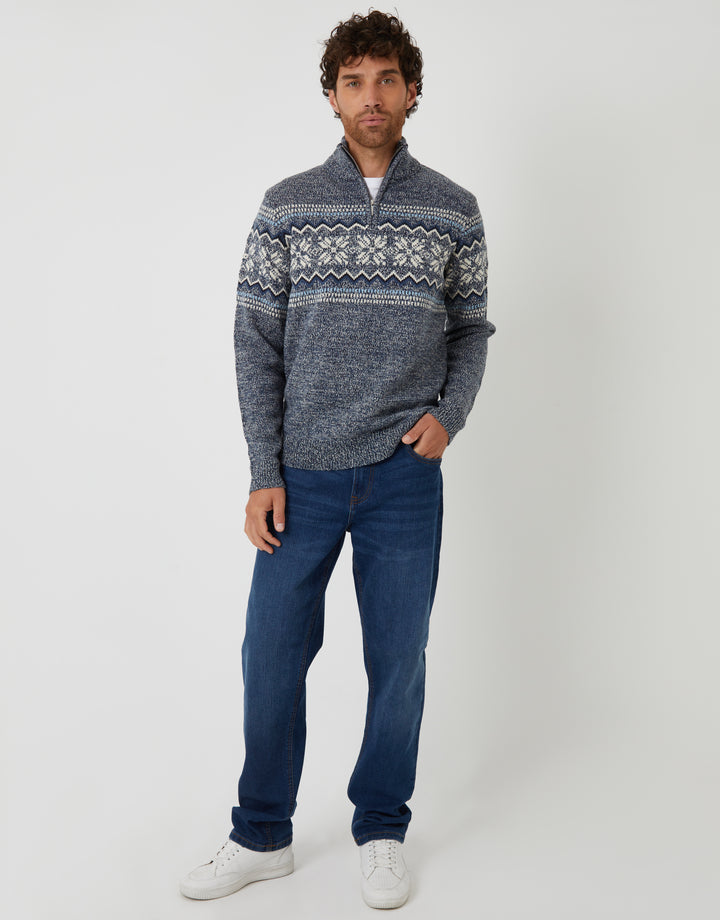 Navy Twist Fairisle Knitted Quarter Zip Jumper