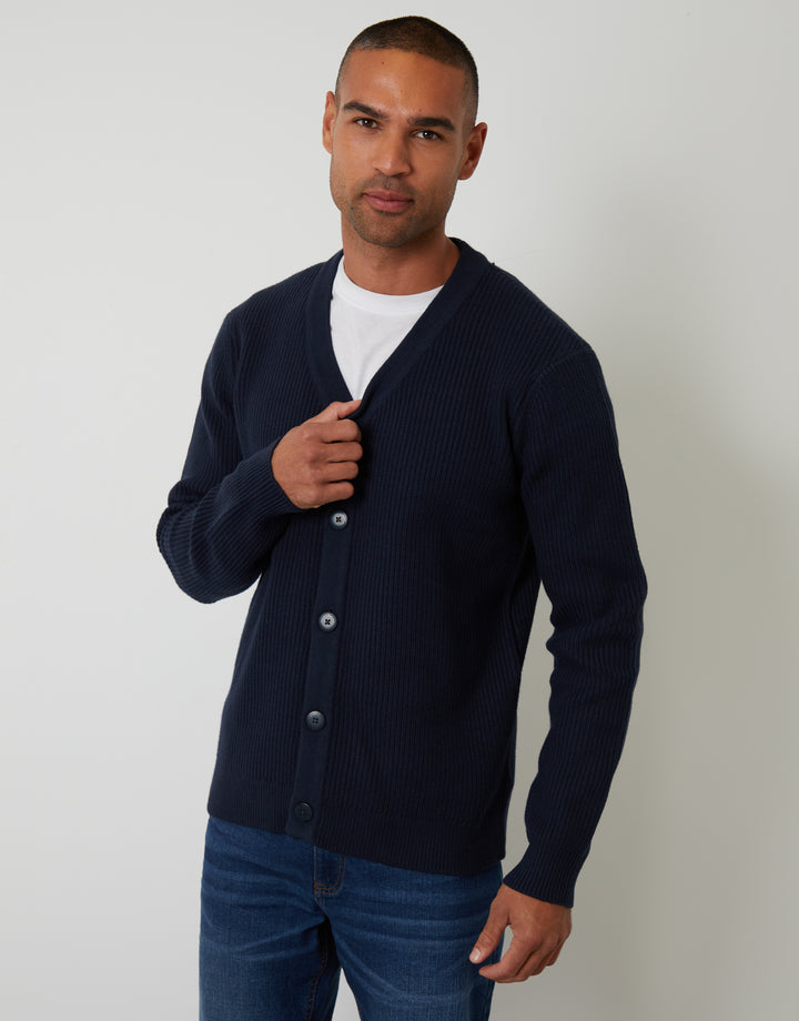 Navy Rib Knit Button Up Cardigan