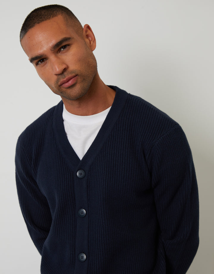 Navy Rib Knit Button Up Cardigan