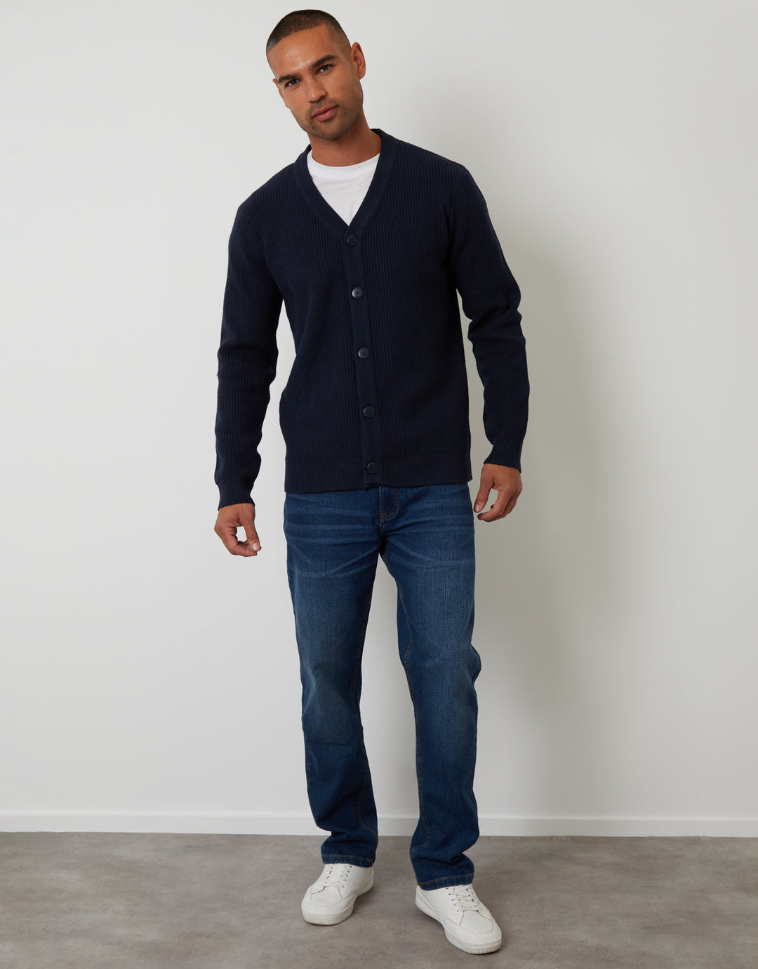 Navy Rib Knit Button Up Cardigan