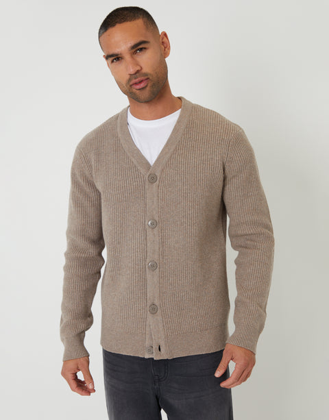 Threadbare Rib Knit Button Up Cardigan in Taupe - front view