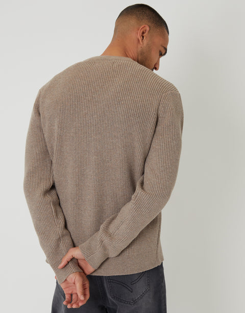 Threadbare Rib Knit Button Up Cardigan in Taupe - back view