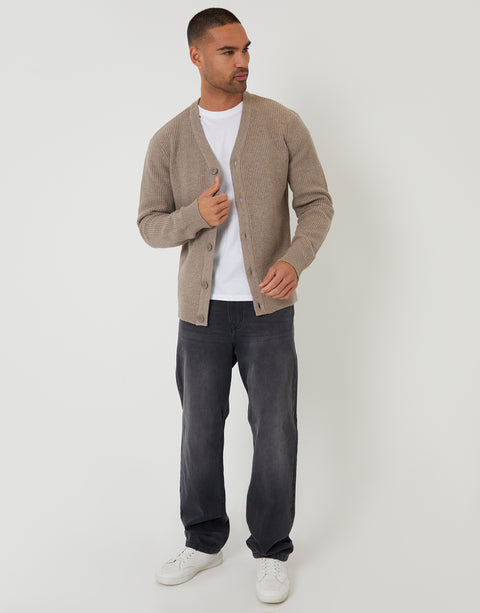Threadbare Rib Knit Button Up Cardigan in Taupe - full body