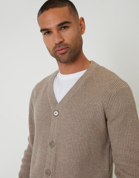 Threadbare Rib Knit Button Up Cardigan in Taupe - front view close up