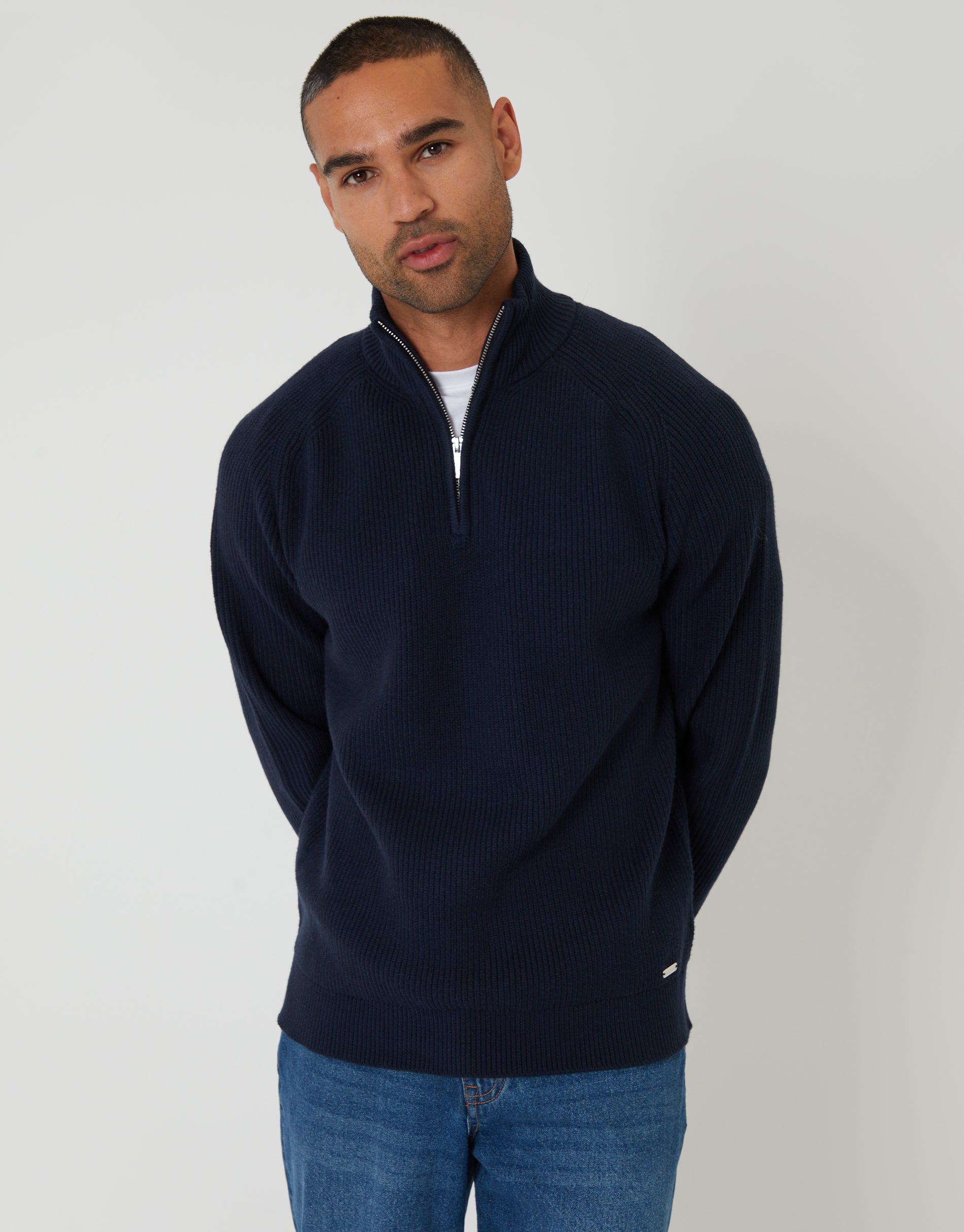 Rib Panel Quarter Zip Knitted Jumper in Navy