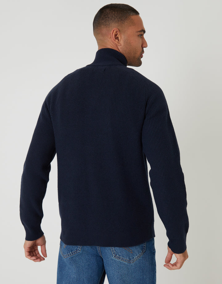 Navy Rib Panel Quarter Zip Knitted Jumper