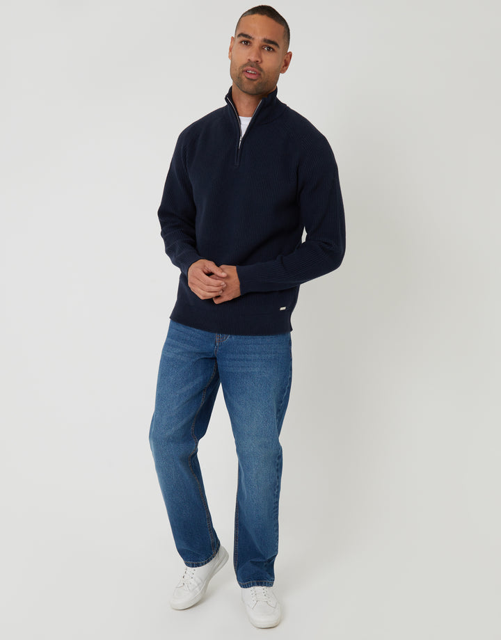 Navy Rib Panel Quarter Zip Knitted Jumper