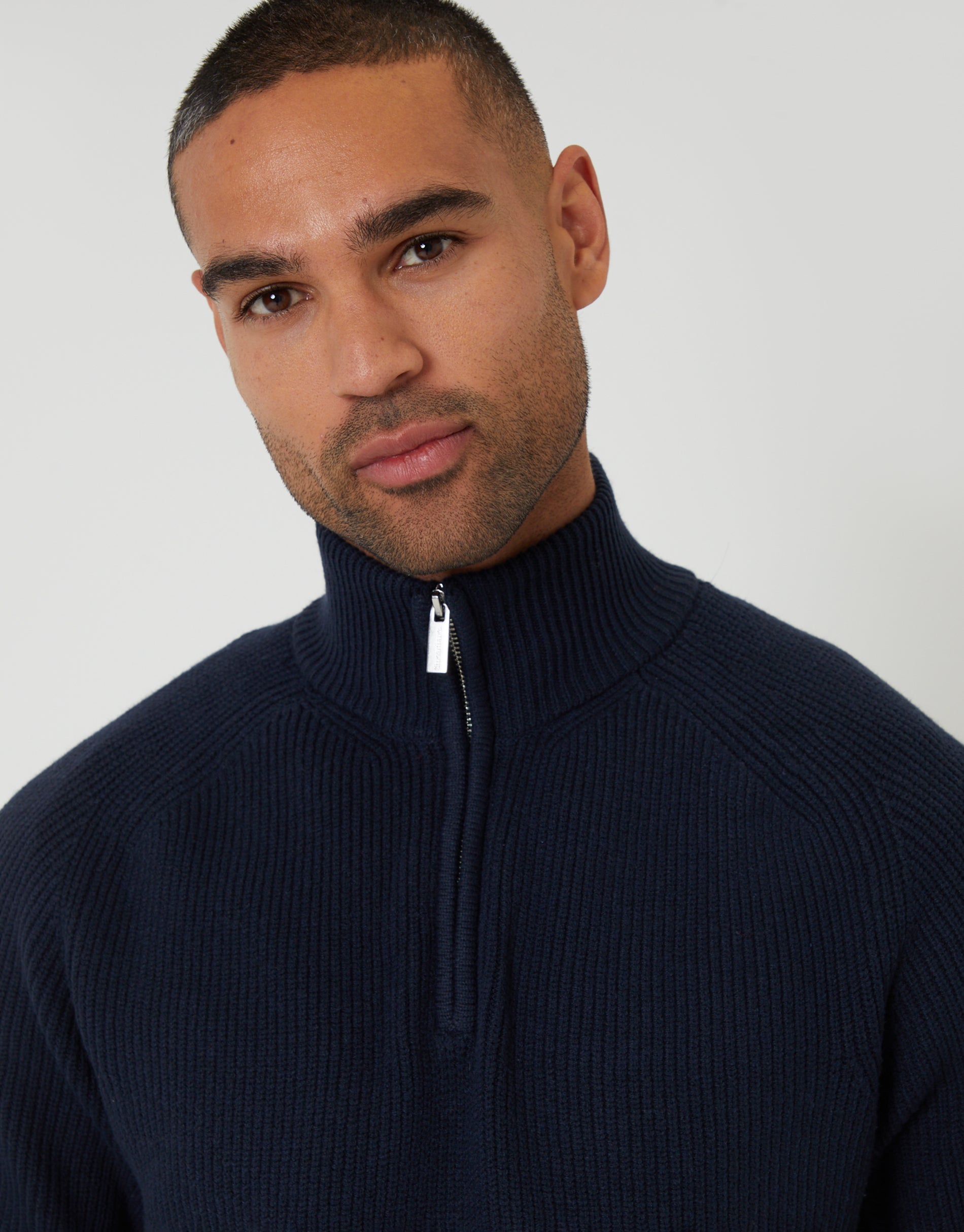 Threadbare Men's Navy Rib Panel Quarter Zip Knitted Jumper