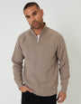 Taupe Rib Panel Quarter Zip Knitted Jumper