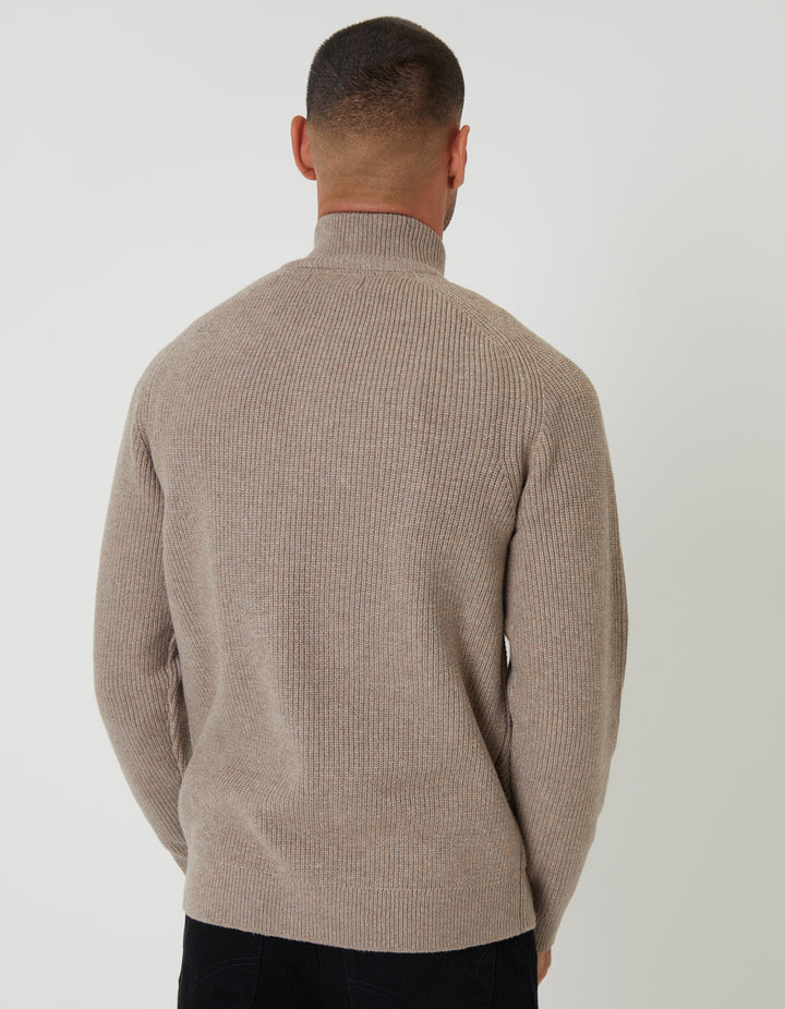 Taupe Rib Panel Quarter Zip Knitted Jumper