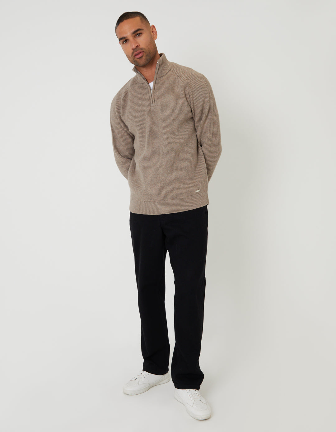 Taupe Rib Panel Quarter Zip Knitted Jumper