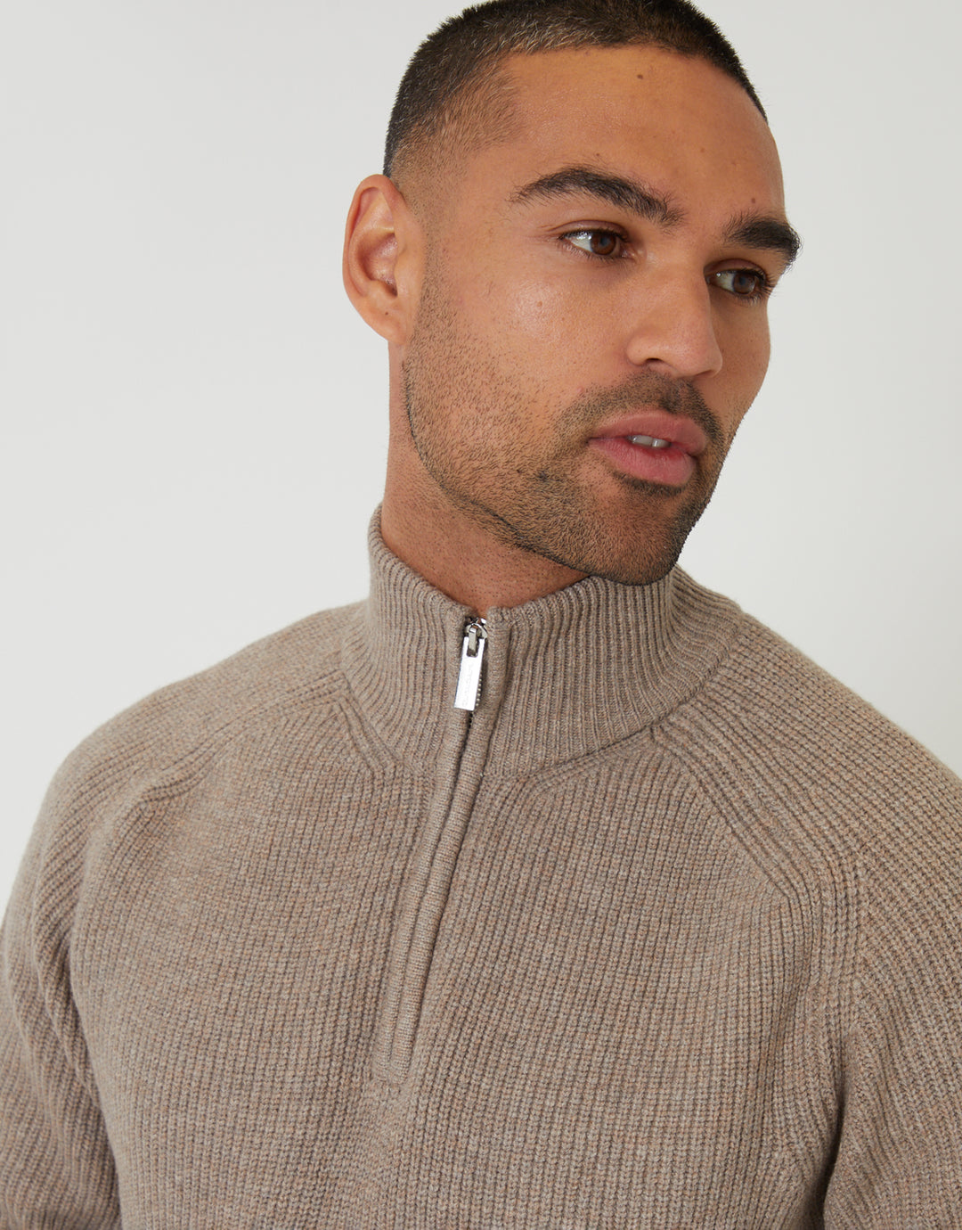 Taupe Rib Panel Quarter Zip Knitted Jumper