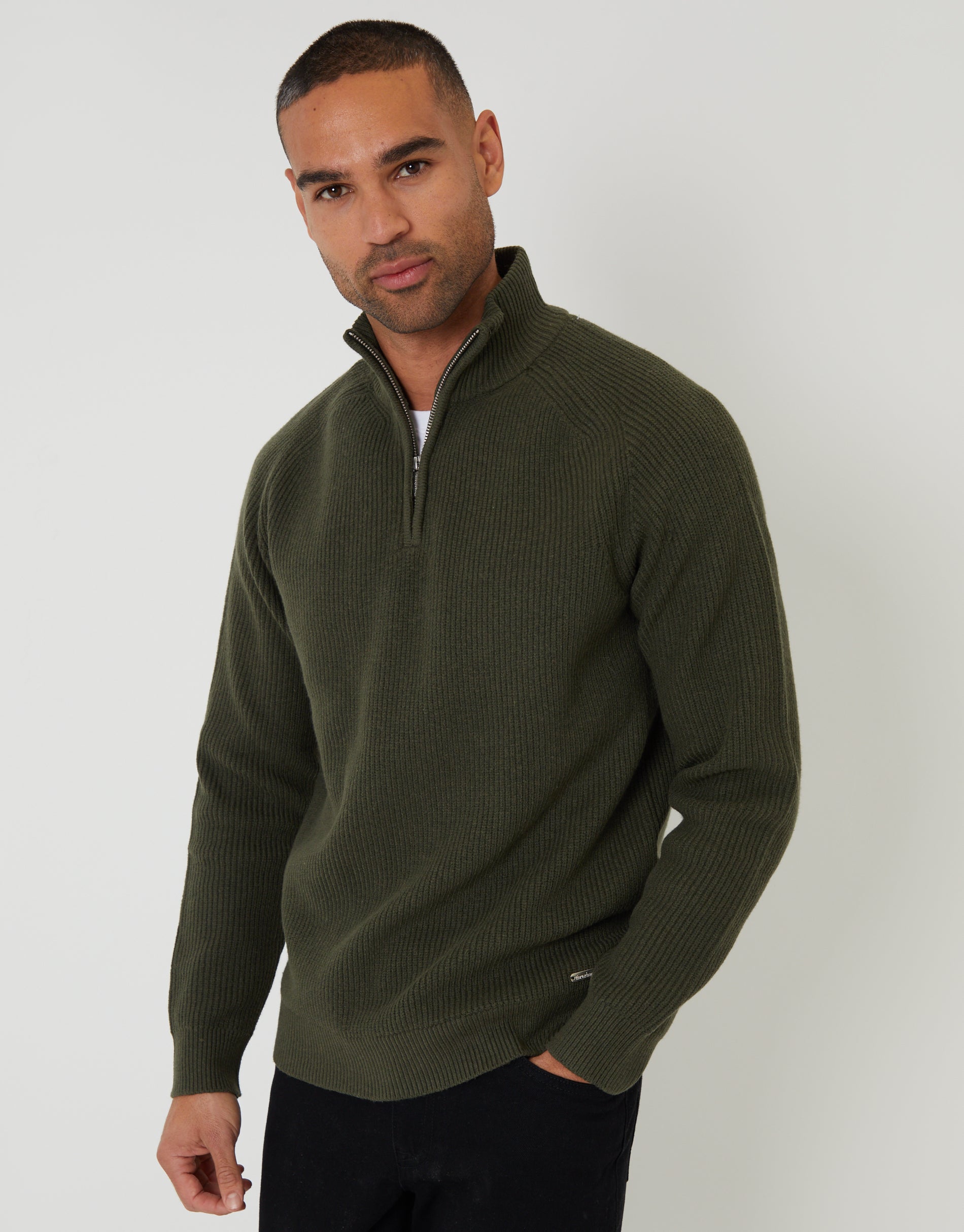 Rib Panel Quarter Zip Knitted Jumper in Forest Green