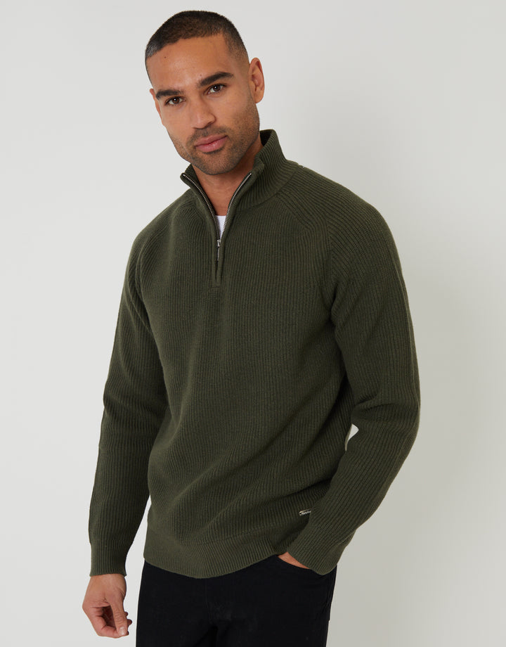 Forest Green Rib Panel Quarter Zip Knitted Jumper