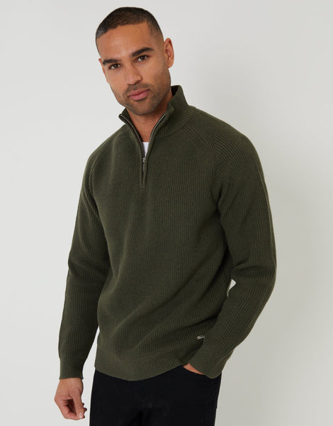 Threadbare Men's Rib Panel Quarter Zip Jumper in Green