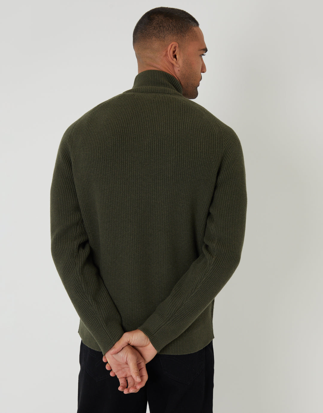 Forest Green Rib Panel Quarter Zip Knitted Jumper