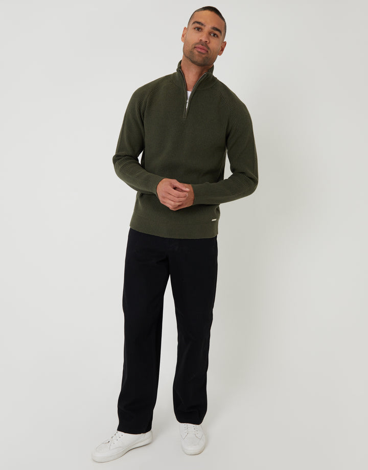 Forest Green Rib Panel Quarter Zip Knitted Jumper