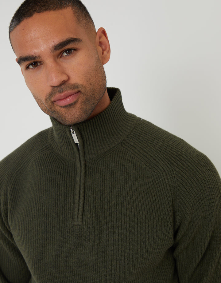 Forest Green Rib Panel Quarter Zip Knitted Jumper