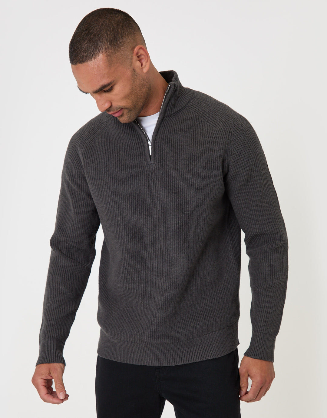 Ribbed Funnel Neck Quarter Zip Jumper in Charcoal