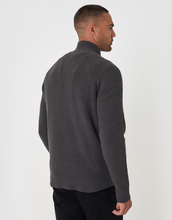 Ribbed Funnel Neck Quarter Zip Jumper in Charcoal