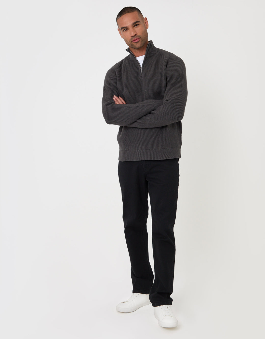 Ribbed Funnel Neck Quarter Zip Jumper in Charcoal