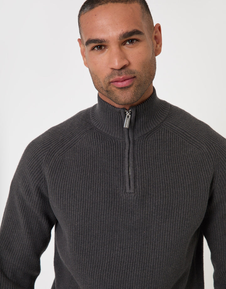 Ribbed Funnel Neck Quarter Zip Jumper in Charcoal