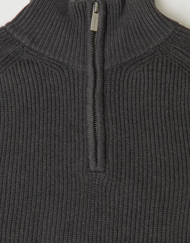 Ribbed Funnel Neck Quarter Zip Jumper in Charcoal