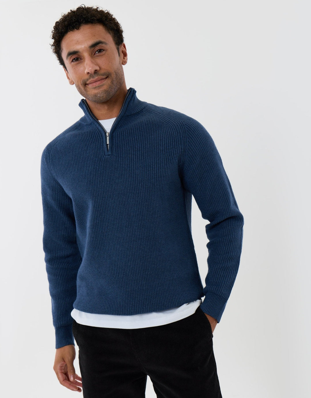 Ribbed Funnel Neck Quarter Zip Jumper in Denim Blue