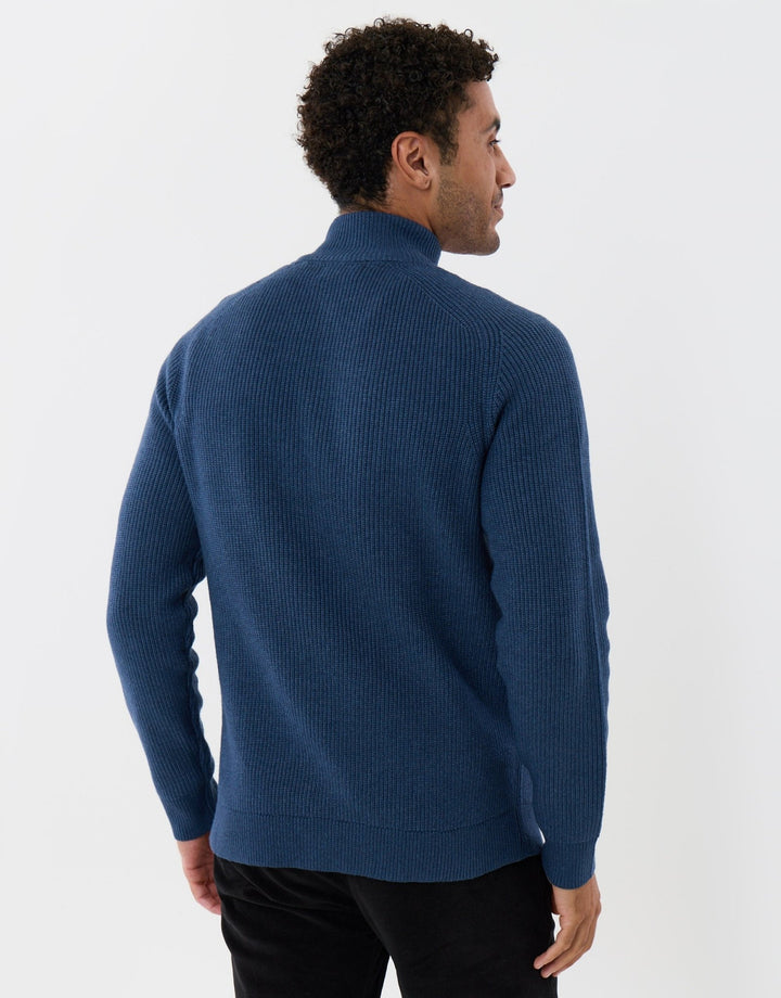 Ribbed Funnel Neck Quarter Zip Jumper in Denim Blue