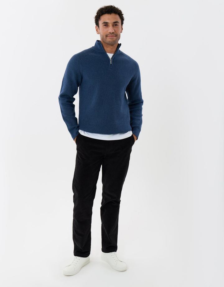 Ribbed Funnel Neck Quarter Zip Jumper in Denim Blue
