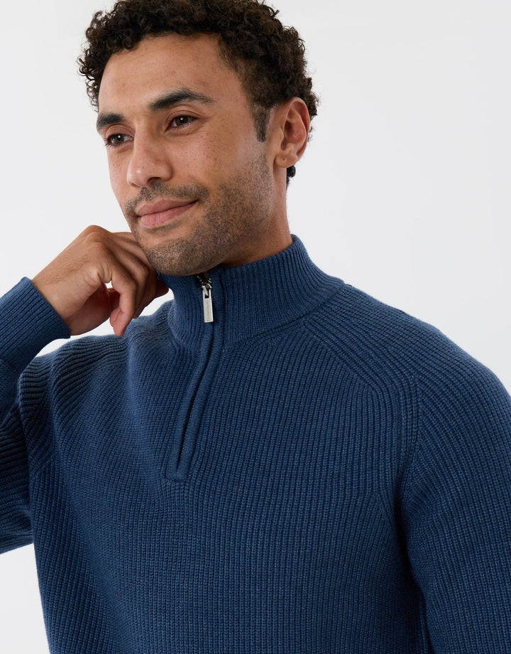Ribbed Funnel Neck Quarter Zip Jumper in Denim Blue